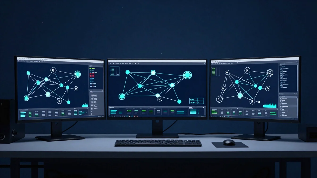 Minimalist analytical workstation setup displaying search graph data networks with cyan and pulse-teal precision accents